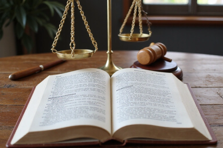 Libro de leyes y balanza, simbolizando la justicia y la legalidad.