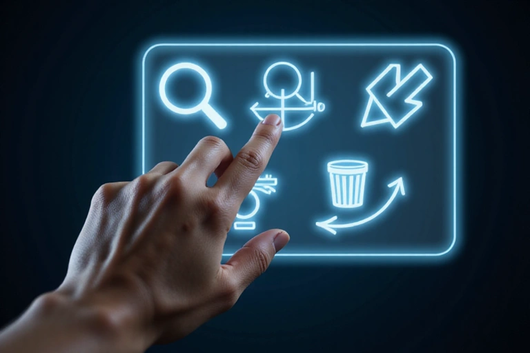 Mano tocando una pantalla táctil con iconos de derechos de usuario como acceso, rectificación, supresión y portabilidad.