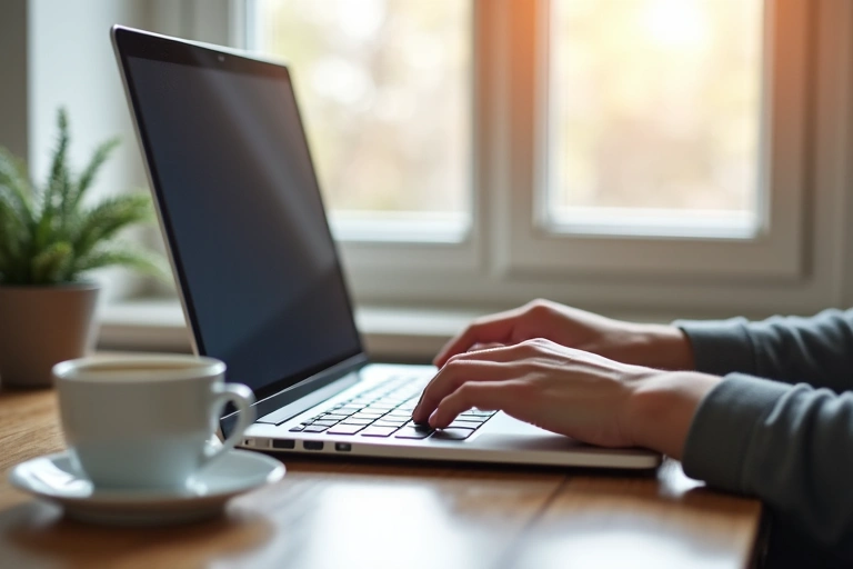 Persona escribiendo un email en una laptop con taza de café